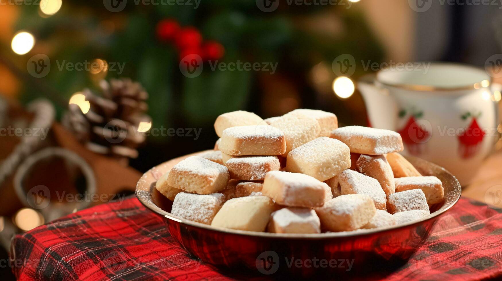 AI generated Christmas biscuits, holiday biscuit recipe and home baking, sweet dessert for cosy winter English country tea in the cottage, homemade food and cooking photo