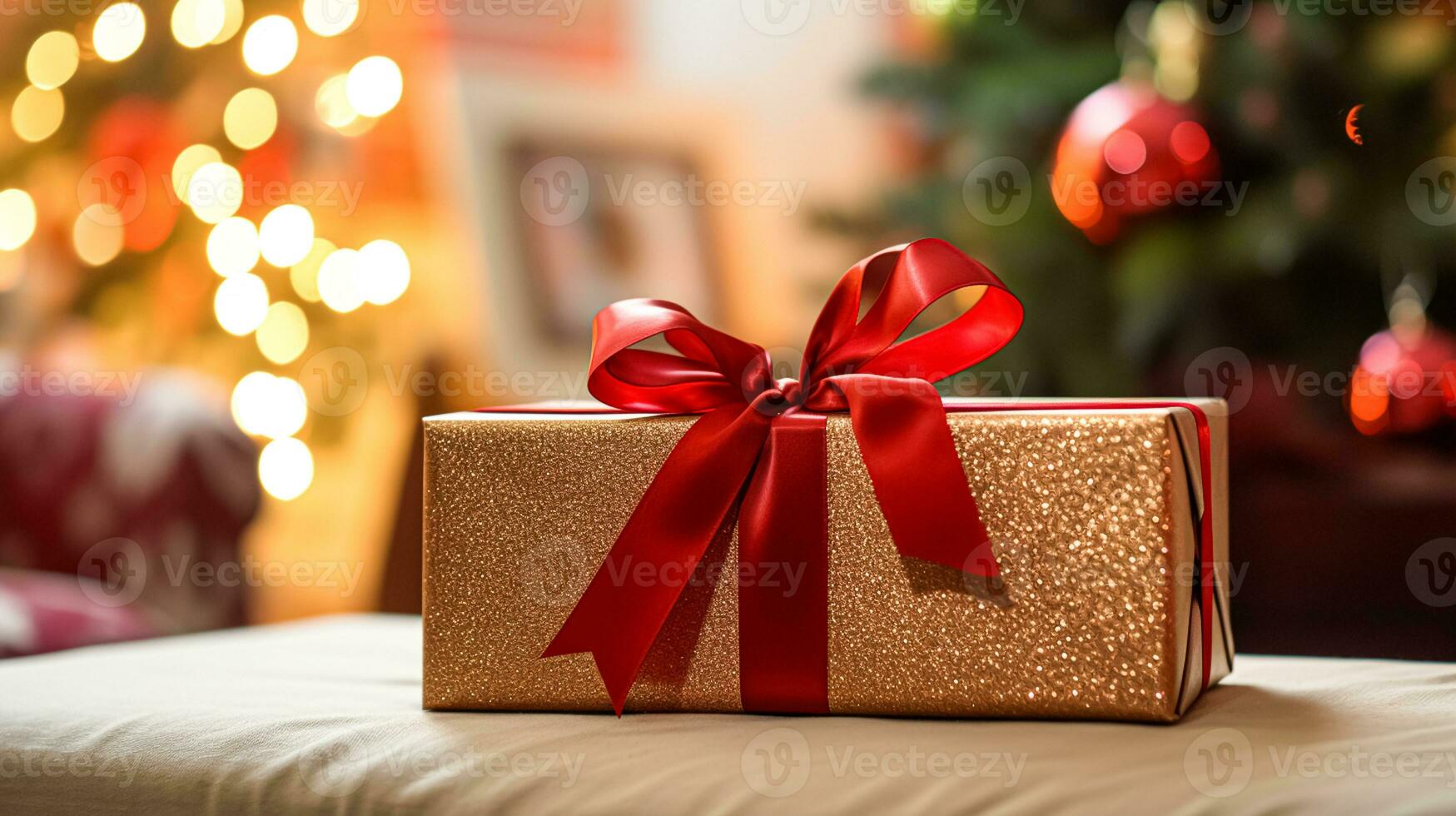 AI generated Christmas gift box near cosy fireplace in the English country cottage, winter holidays, boxing day celebration and holiday shopping photo