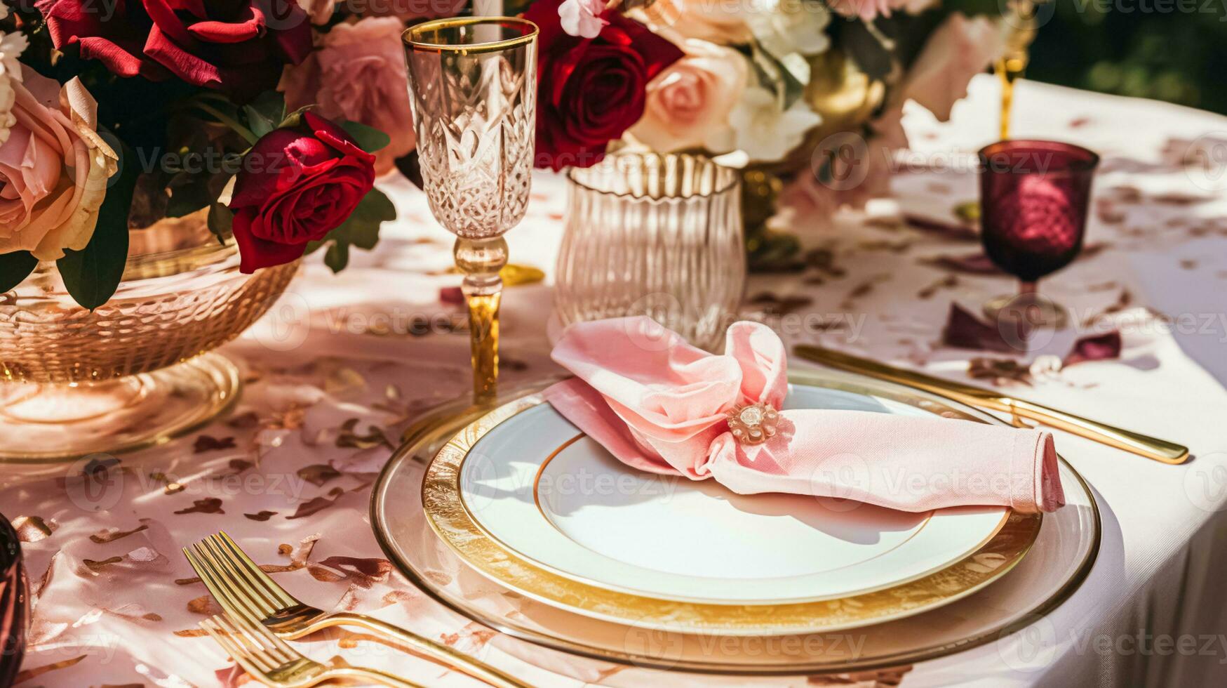 AI generated Wedding and event celebration tablescape with flowers, formal dinner table setting with roses and wine, elegant floral table decor for dinner party and holiday decoration, home styling photo