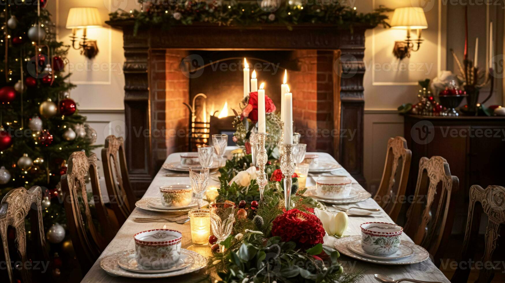 AI generated Christmas at the manor, English countryside decoration and interior decor photo