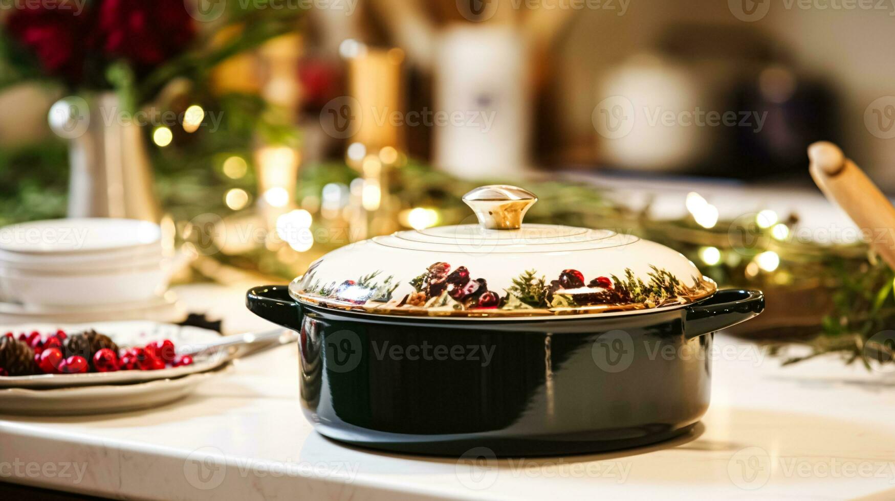 AI generated Dishware and crockery set for winter holiday family dinner, Christmas homeware decor for holidays in the English country house, gift set and home styling photo