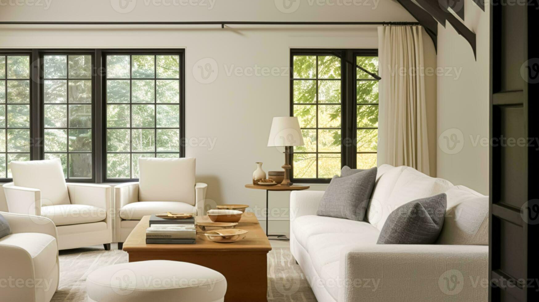 AI generated Interior design, home decor, sitting room and living room, white sofa and furniture in English country house and elegant cottage style photo