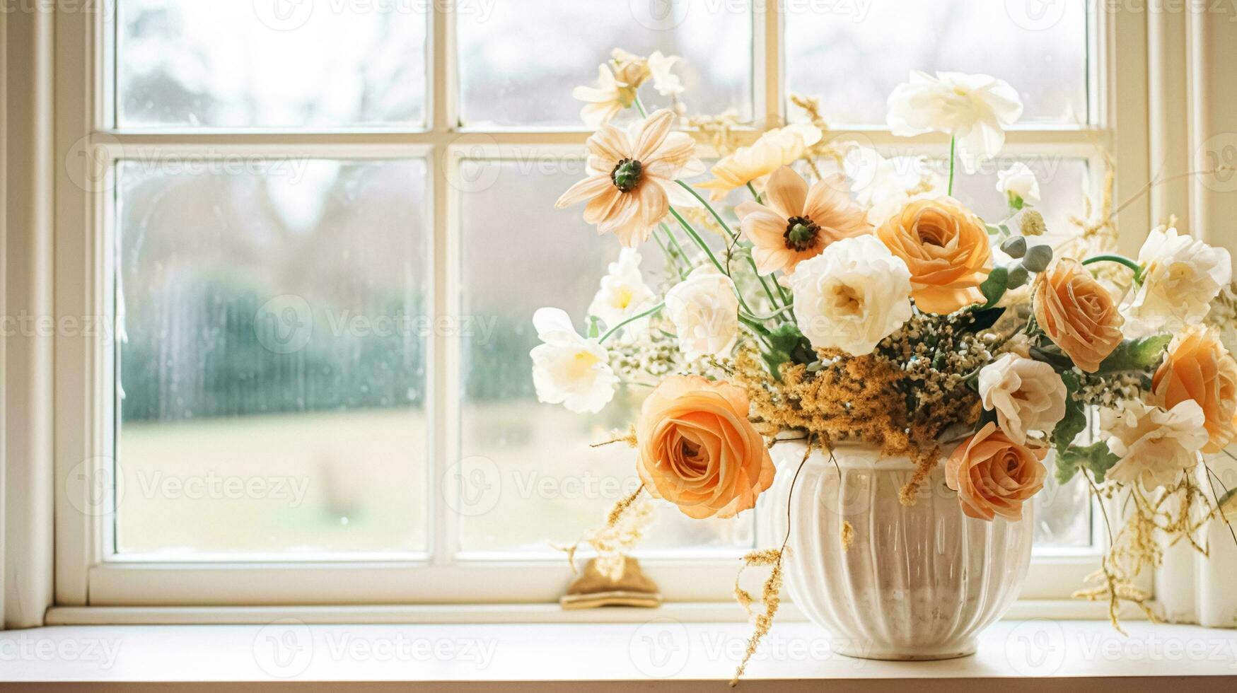 AI generated Floral arrangement with winter, autumn or early spring botanical plants and flowers photo