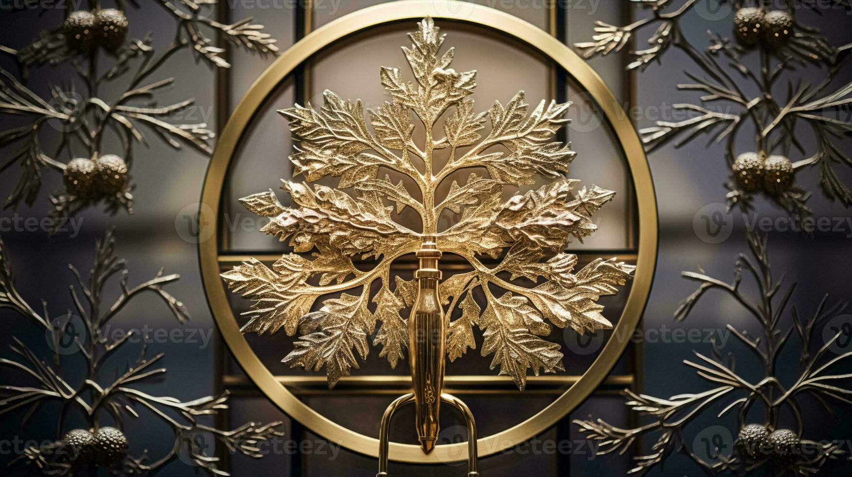 AI generated Christmas decoration details on English styled luxury high street city store door or shopping window display, holiday sale and shop decor photo