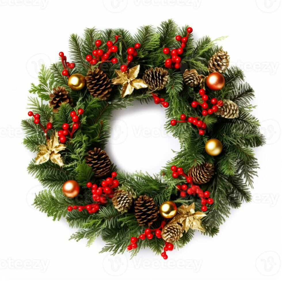 AI generated Christmas wreath isolated on white background, holiday decoration, post-processed, generative ai photo