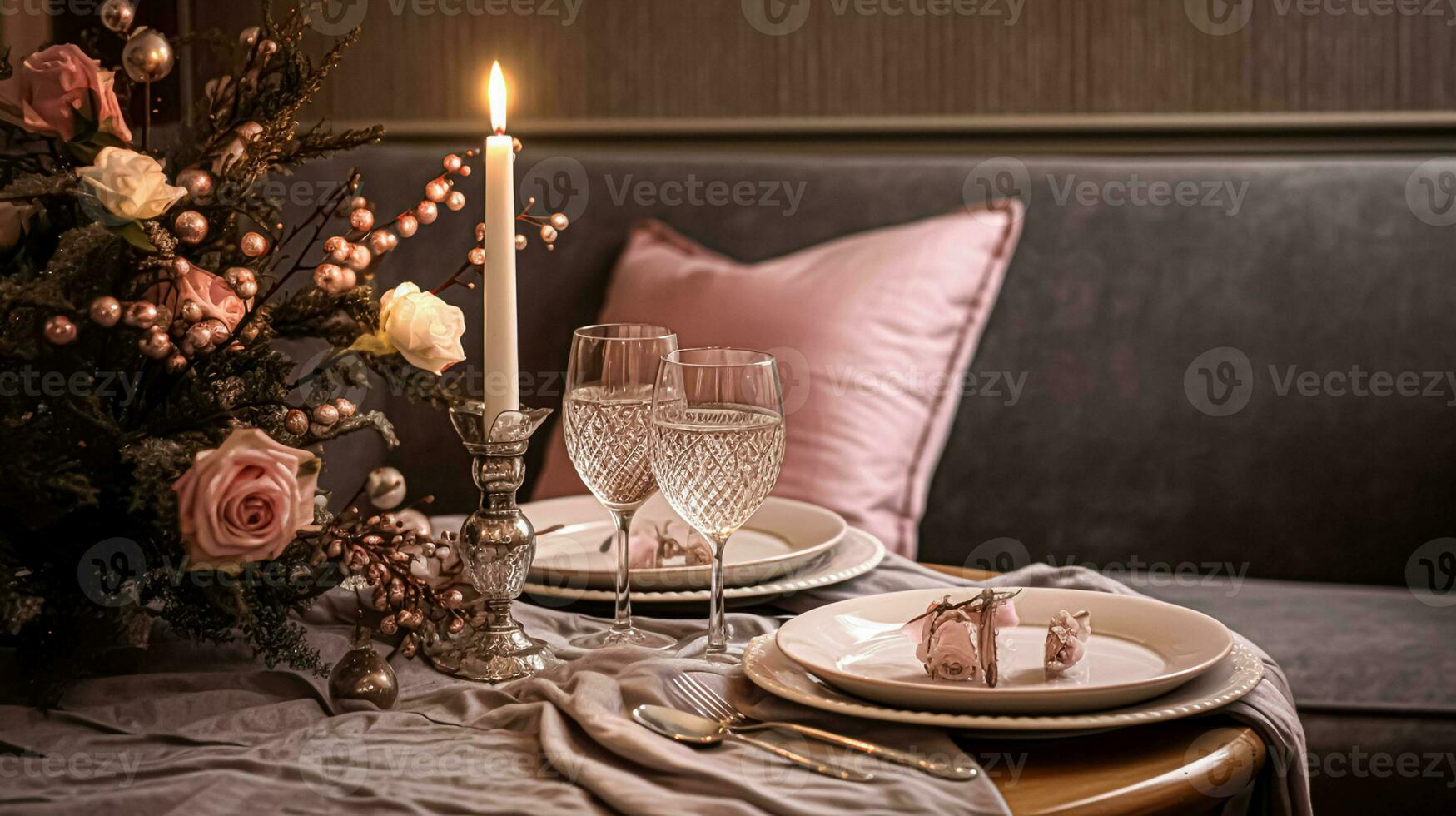 AI generated Festive date night tablescape idea, dinner table setting for two and Christmas, New Year, Valentines day decor, English country home styling photo