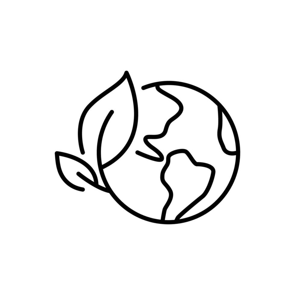Green earth planet icon. Simple outline style. World ecology, globe with leafs, eco environment logo, save nature concept. Thin line symbol. Vector illustration isolated.