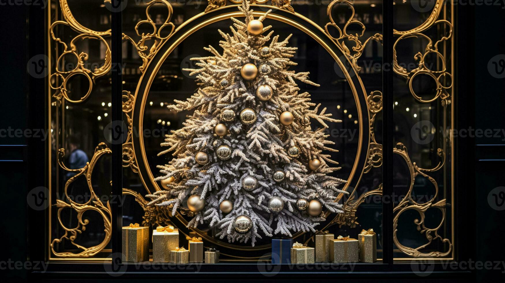 AI generated Christmas decoration details on English styled luxury high street city store door or shopping window display, holiday sale and shop decor photo