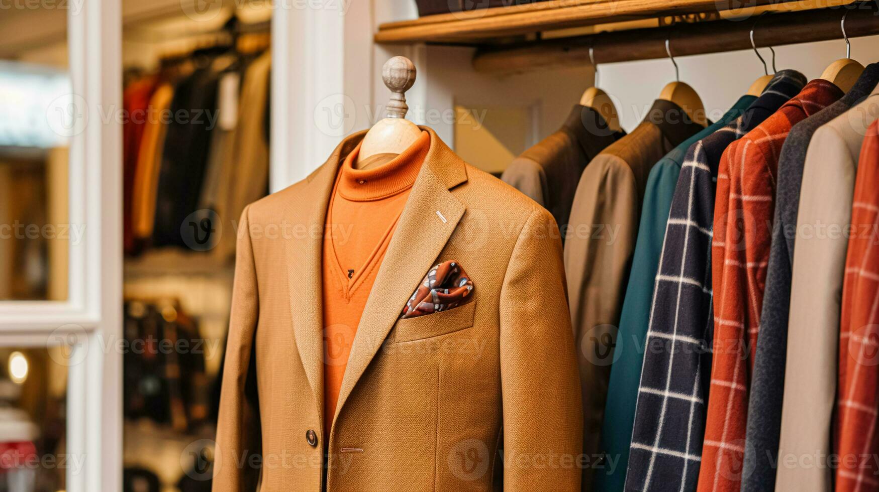 AI generated Menswear store in English countryside style, autumn winter clothing collection photo