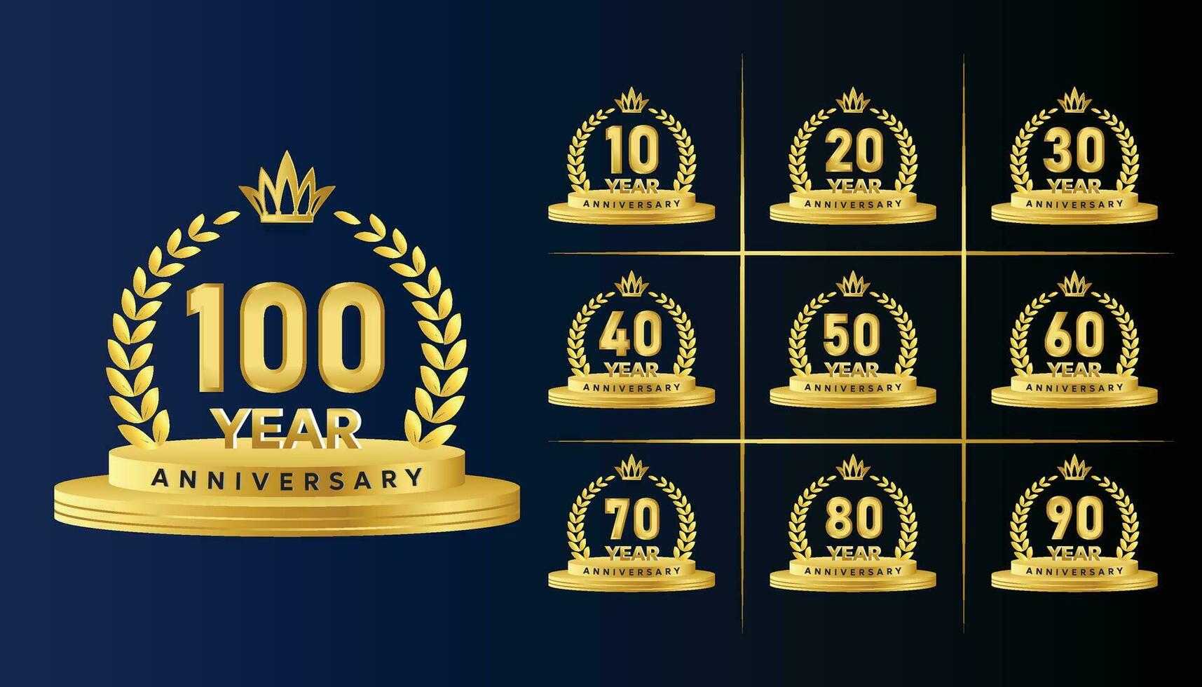 Anniversary celebration golden luxury number emblem logo symbol vector graphic badge set.