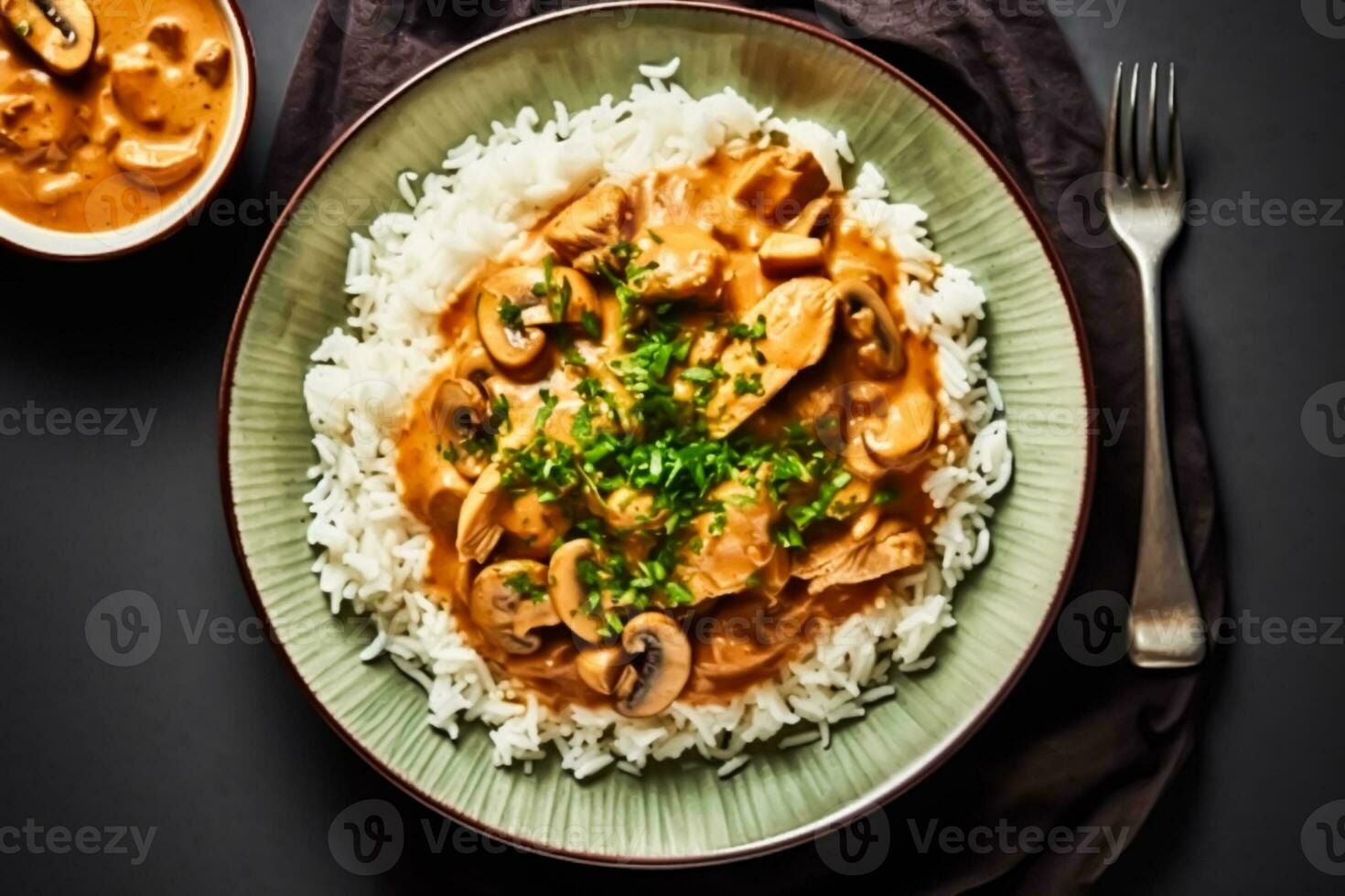 AI generated Rice with chicken and mushroom sauce, food and diet, as meal for lunch or dinner, tasty recipe, post-processed, generative ai photo