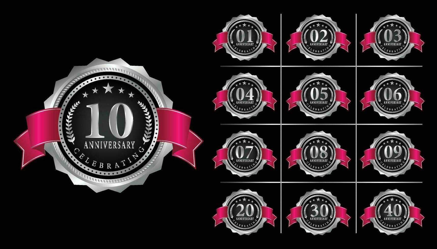 Anniversary celebration silver luxury number emblem logo symbol vector graphic badge template set.with read rebon.
