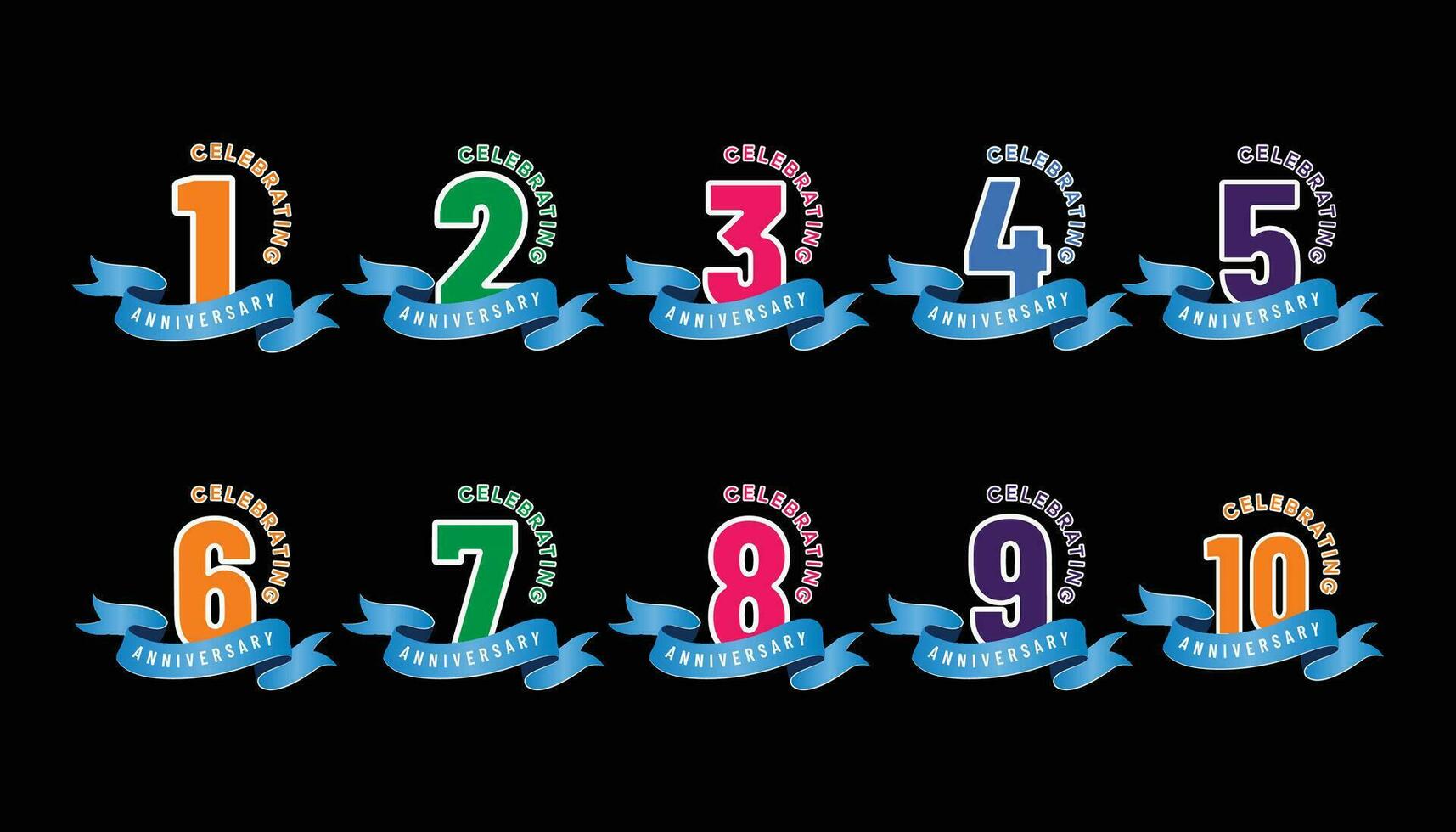 Anniversary celebration luxury number set of 1st-10th emblem. anniversary elegance logo with blu ribbon on black background vector