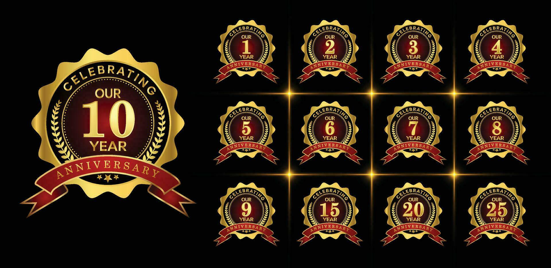 Vector number set of 1st-25th anniversary celebration emblem logo symbol vector graphic badge set.