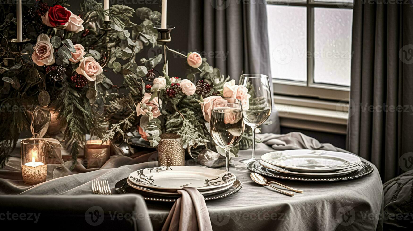 AI generated Festive date night tablescape idea, dinner table setting for two and Christmas, New Year, Valentines day decor, English country home styling photo