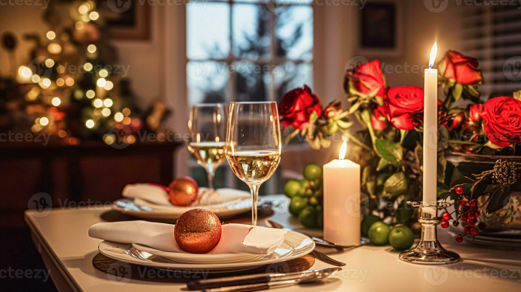 AI generated Festive date night tablescape idea, dinner table setting for two and Christmas, New Year, Valentines day decor, English country home styling photo