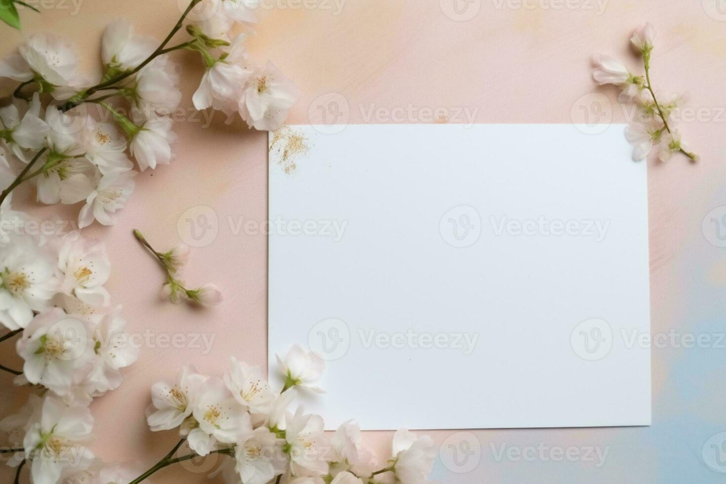 AI generated Blank paper and flowers on country background for printable art, paper, stationery and greeting card mockup photo