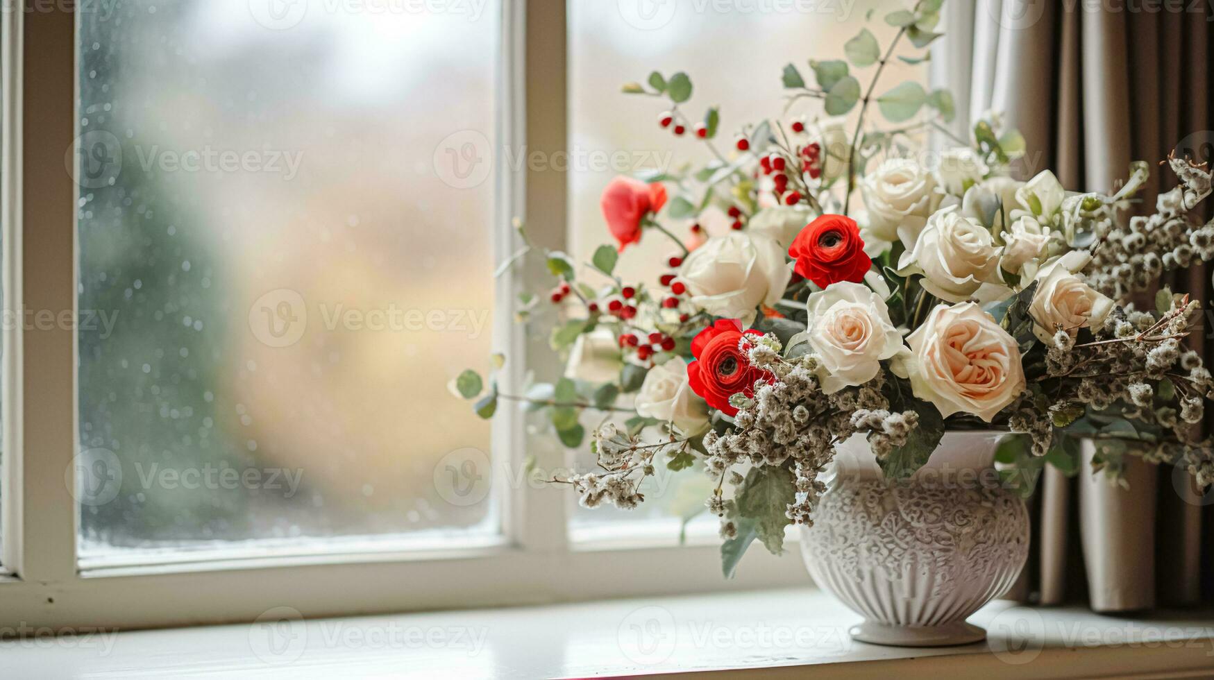 AI generated Floral arrangement with winter, autumn or early spring botanical plants and flowers photo