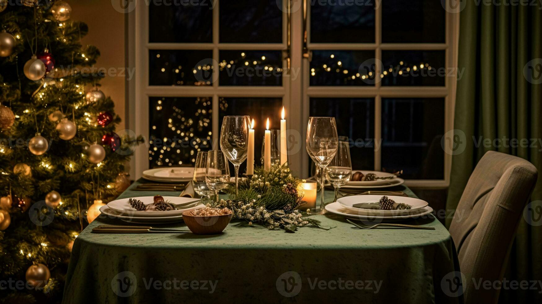 AI generated Table decor for festive family dinner at home, holiday tablescape and table setting, formal for wedding, celebration, English country and home styling photo