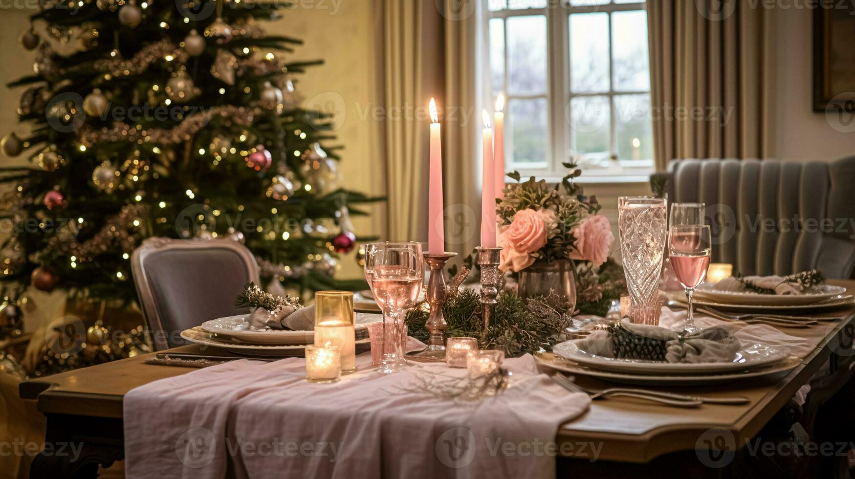 AI generated Table decor for festive family dinner at home, holiday tablescape and table setting, formal for wedding, celebration, English country and home styling photo
