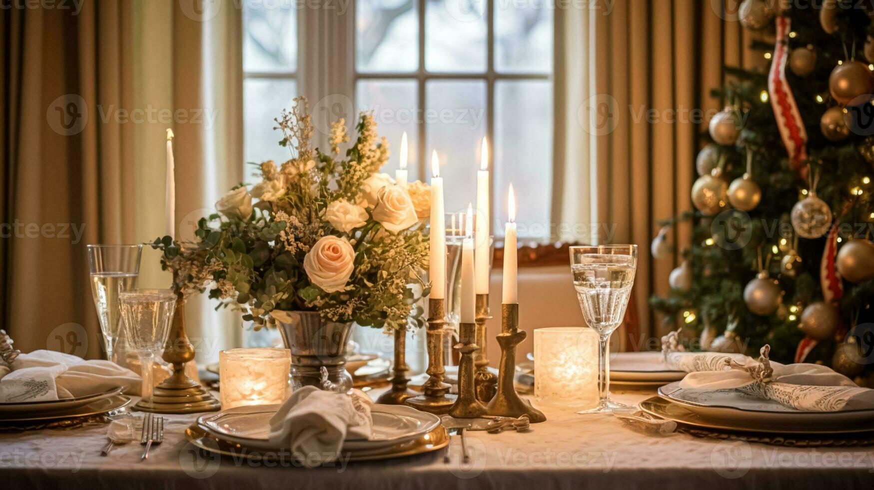 AI generated Table decor for festive family dinner at home, holiday tablescape and table setting, formal for wedding, celebration, English country and home styling photo