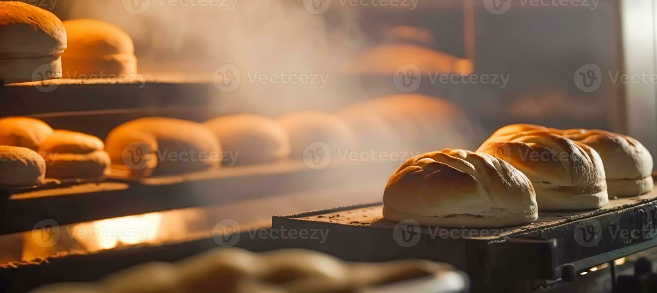 AI generated Bakery in the morning, hot fresh bread and pastry baking in the old town bakery, freshly baked products on shelves and the oven, small local business and food production. Generative Ai photo