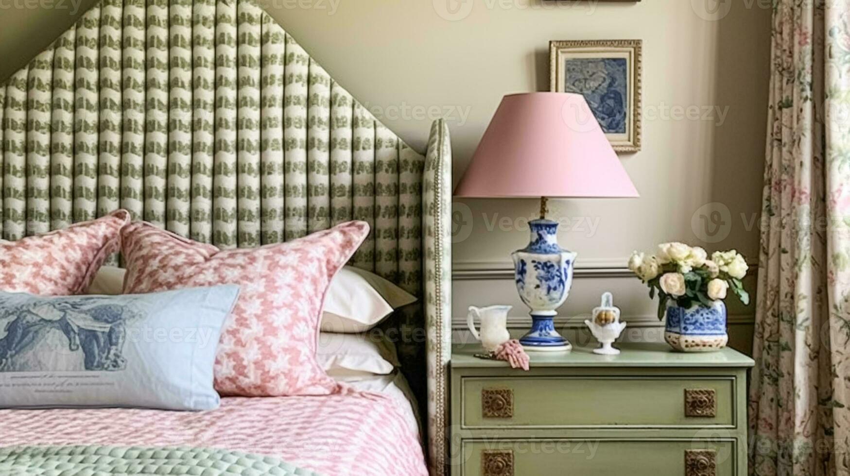 ai generado Inglés cabaña dormitorio interior con rosado y sabio verde decoración foto