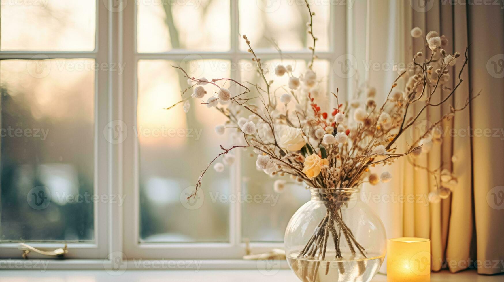 AI generated Floral arrangement with winter, autumn or early spring botanical plants and flowers photo