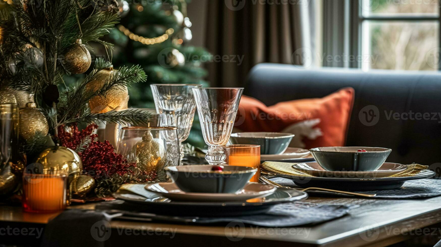 ai generado Navidad fiesta familia desayuno, mesa ajuste decoración y festivo paisaje de mesa, Inglés país y hogar peinado foto