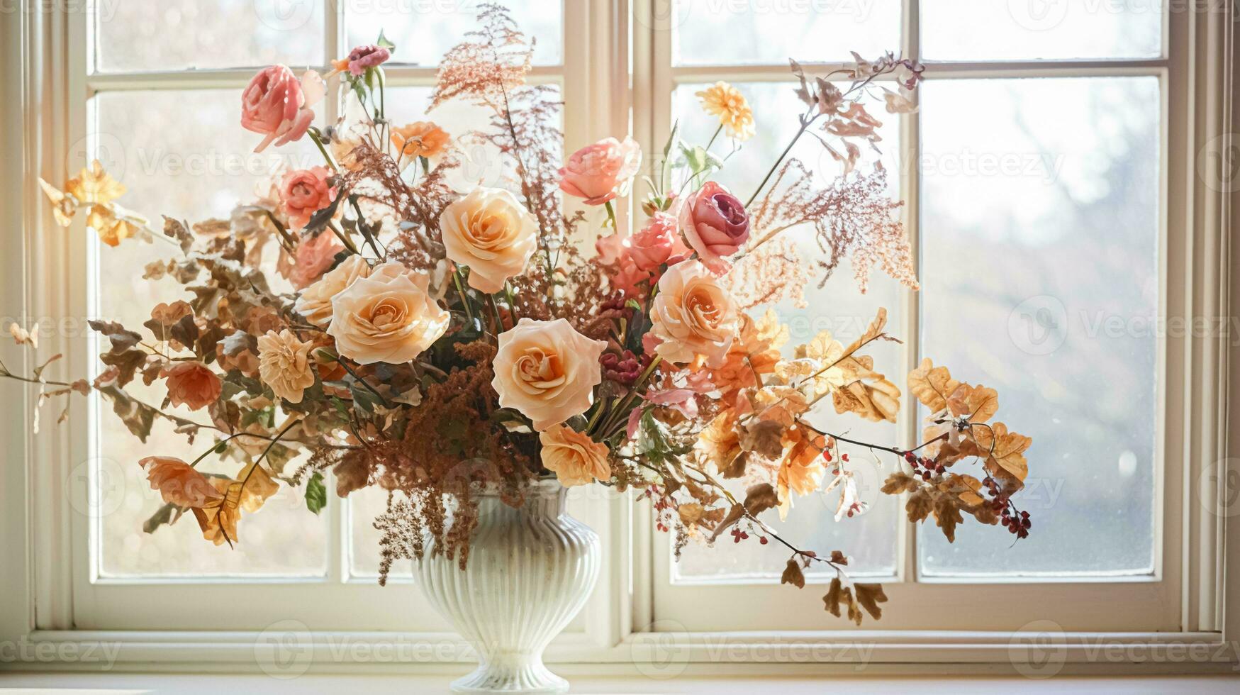 AI generated Floral arrangement with winter, autumn or early spring botanical plants and flowers photo