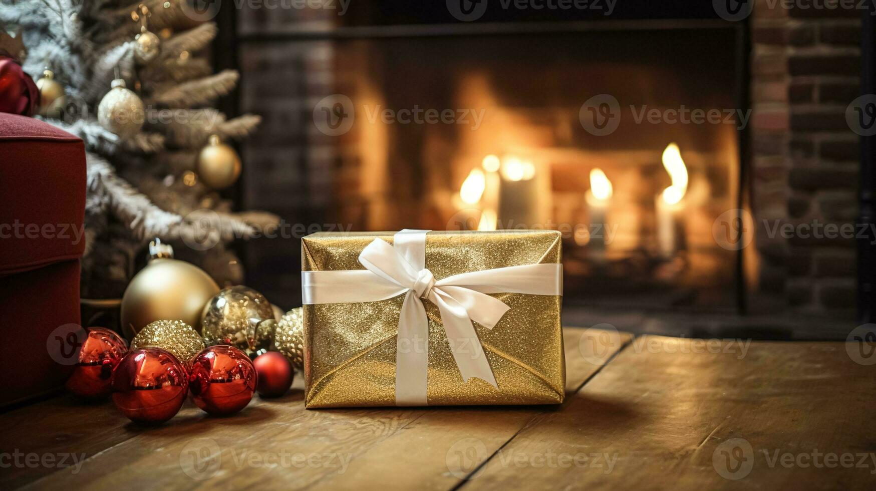 Christmas gift box near cosy fireplace in the English country cottage, winter holidays, boxing day celebration and holiday shopping photo