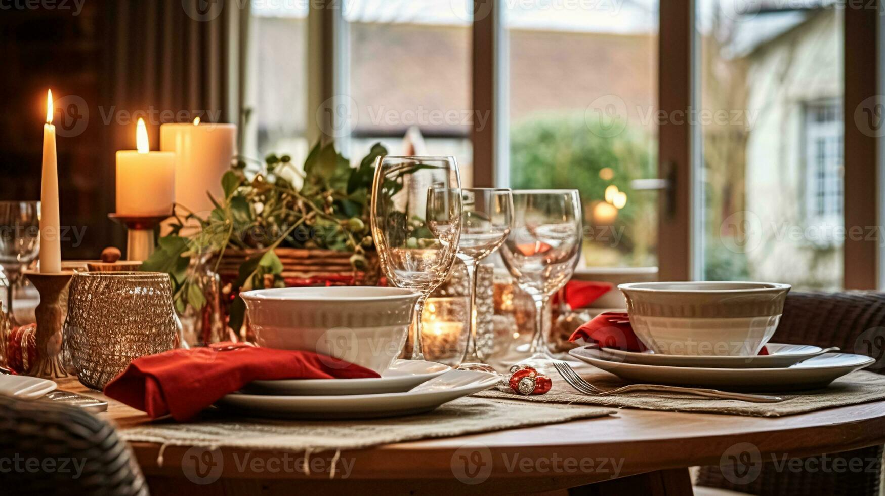 ai generado Navidad fiesta familia desayuno, mesa ajuste decoración y festivo paisaje de mesa, Inglés país y hogar peinado foto