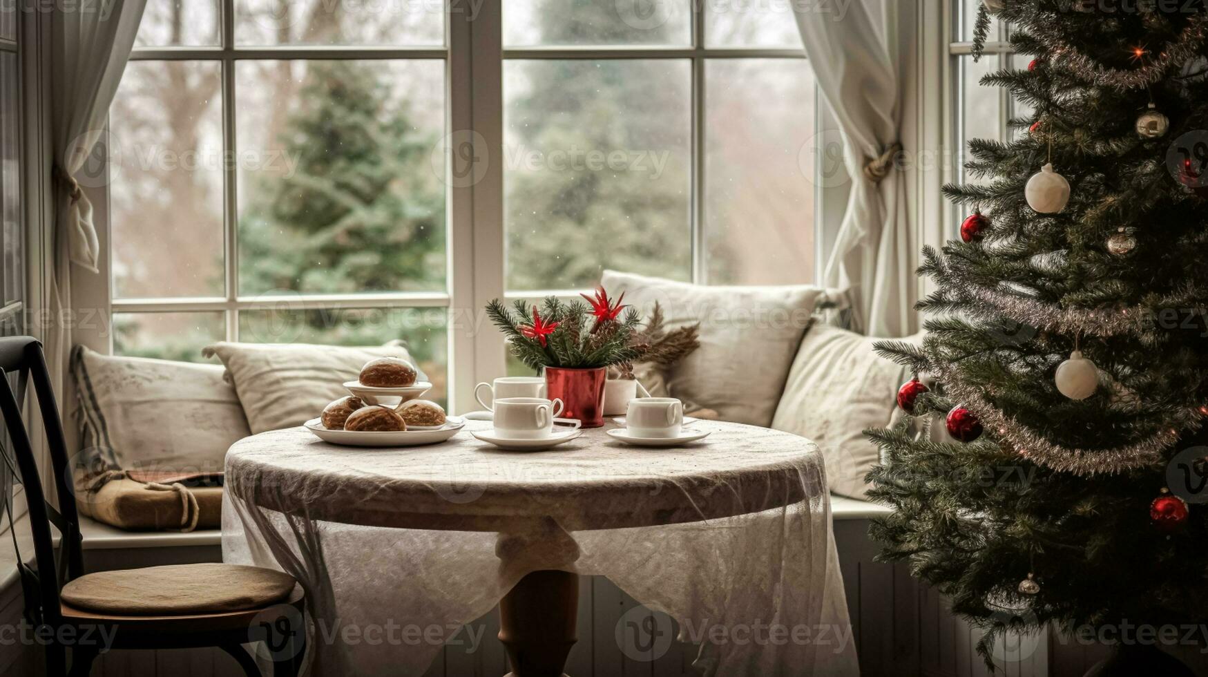 AI generated Christmas holiday family breakfast, table setting decor and festive tablescape, English country and home styling photo