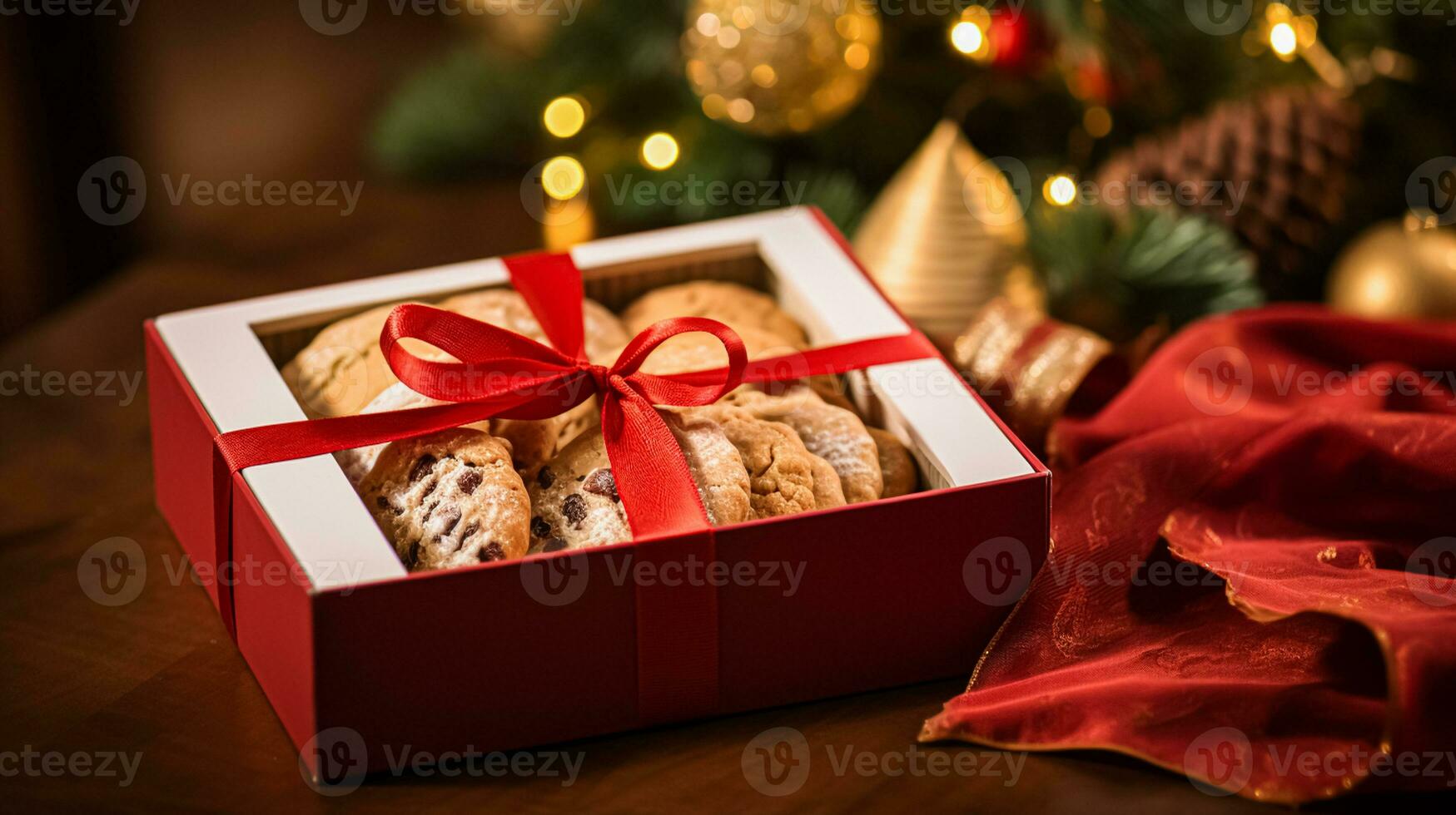 ai generado Navidad galletas, fiesta galleta regalo caja y hogar hornea, invierno Días festivos presente para Inglés país té en el cabaña, hecho en casa Mantecada y horneando receta foto