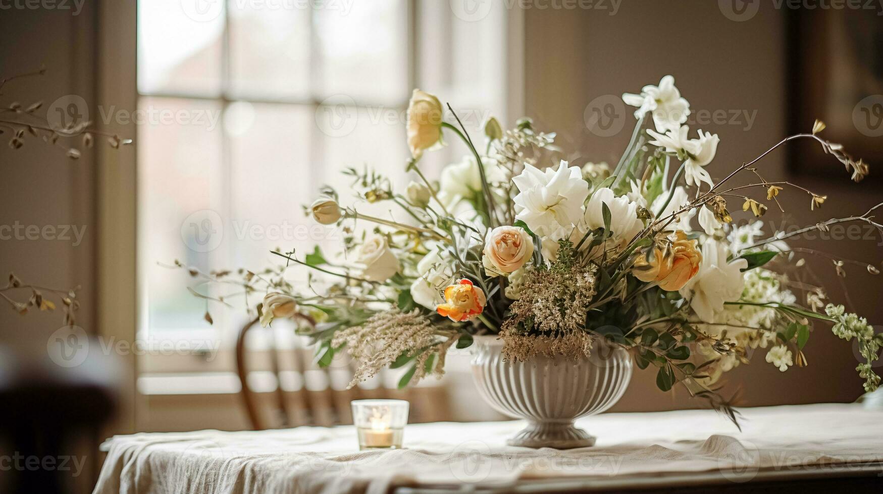 AI generated Floral arrangement with winter, autumn or early spring botanical plants and flowers photo