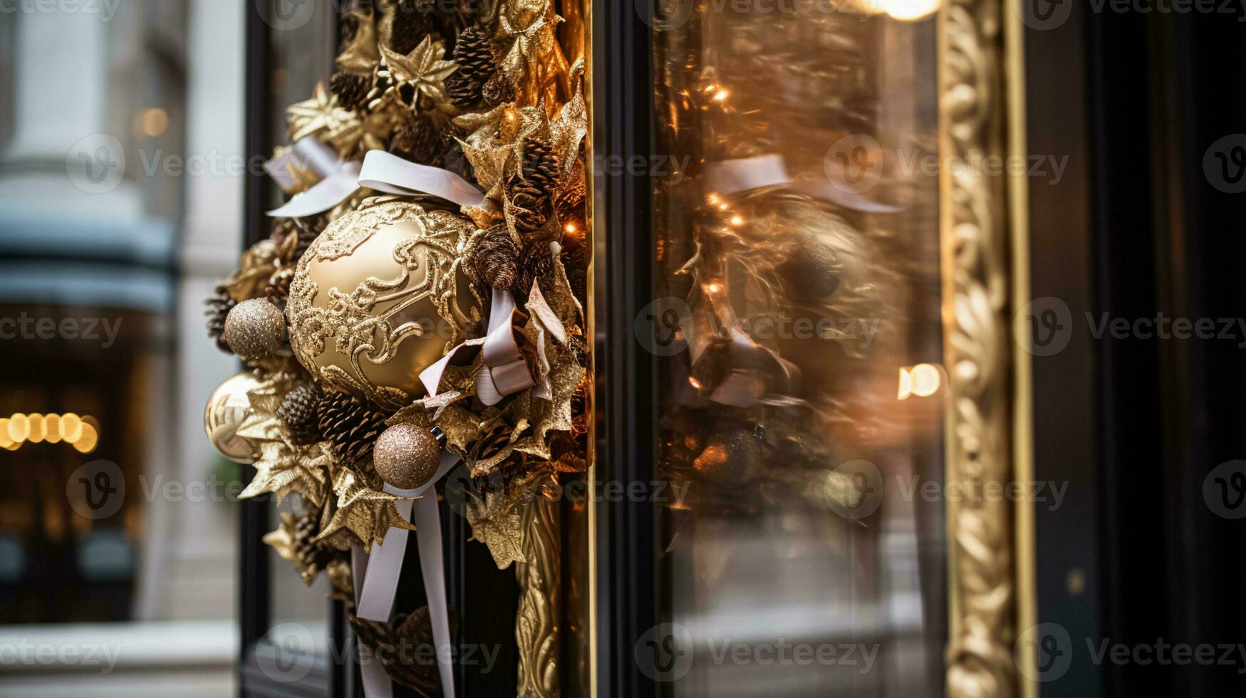 AI generated Christmas decoration details on English styled luxury high street city store door or shopping window display, holiday sale and shop decor photo