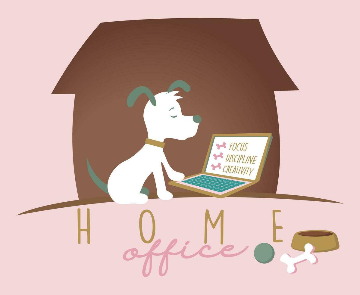 Vector illustration in a simple, laid back style of a dog in a home office situation.