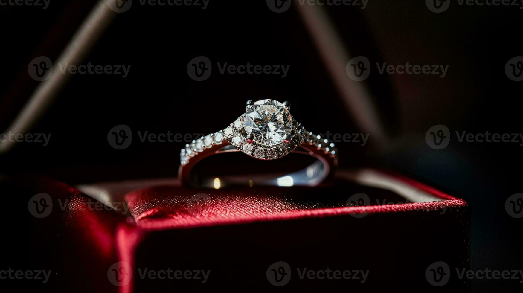 AI generated Jewellery, proposal and holiday gift, diamond engagement ring, symbol of love, romance and commitment photo