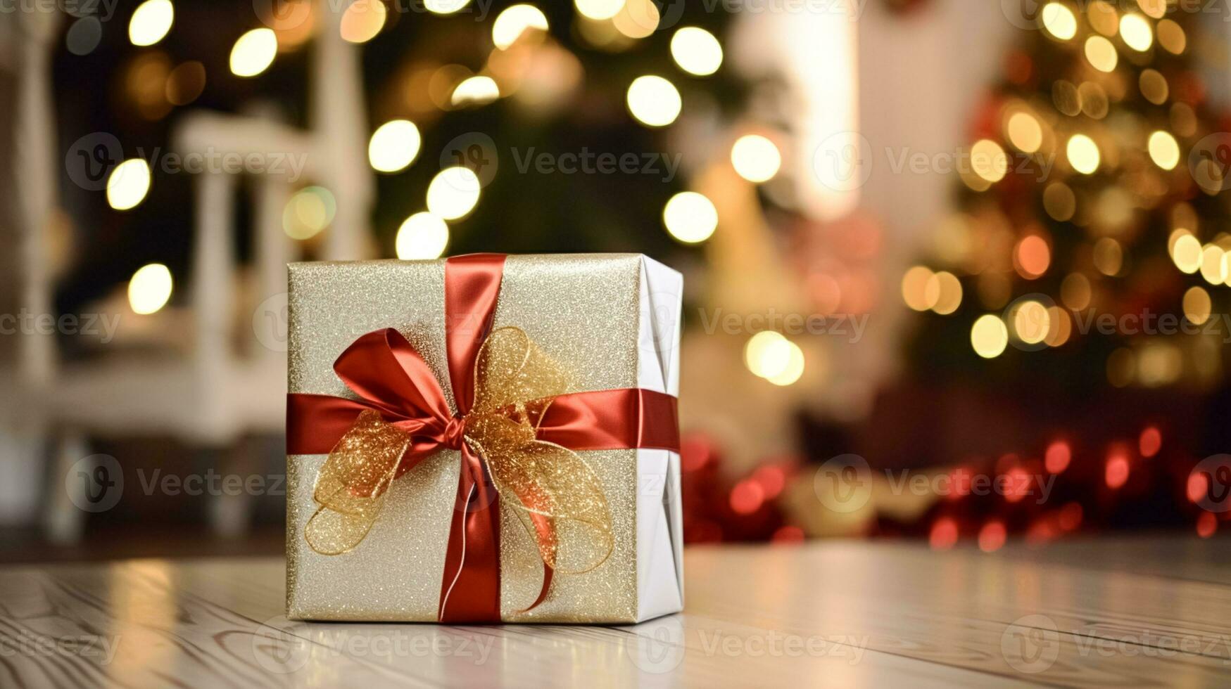 AI generated Christmas gift box near cosy fireplace in the English country cottage, winter holidays, boxing day celebration and holiday shopping photo