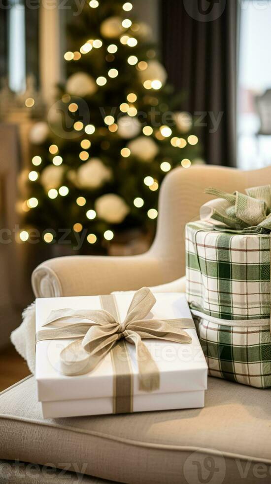 ai generado Navidad regalo colocar, frazada, toalla y hogar decoración textiles como fiesta presente para Inglés campo cabaña foto