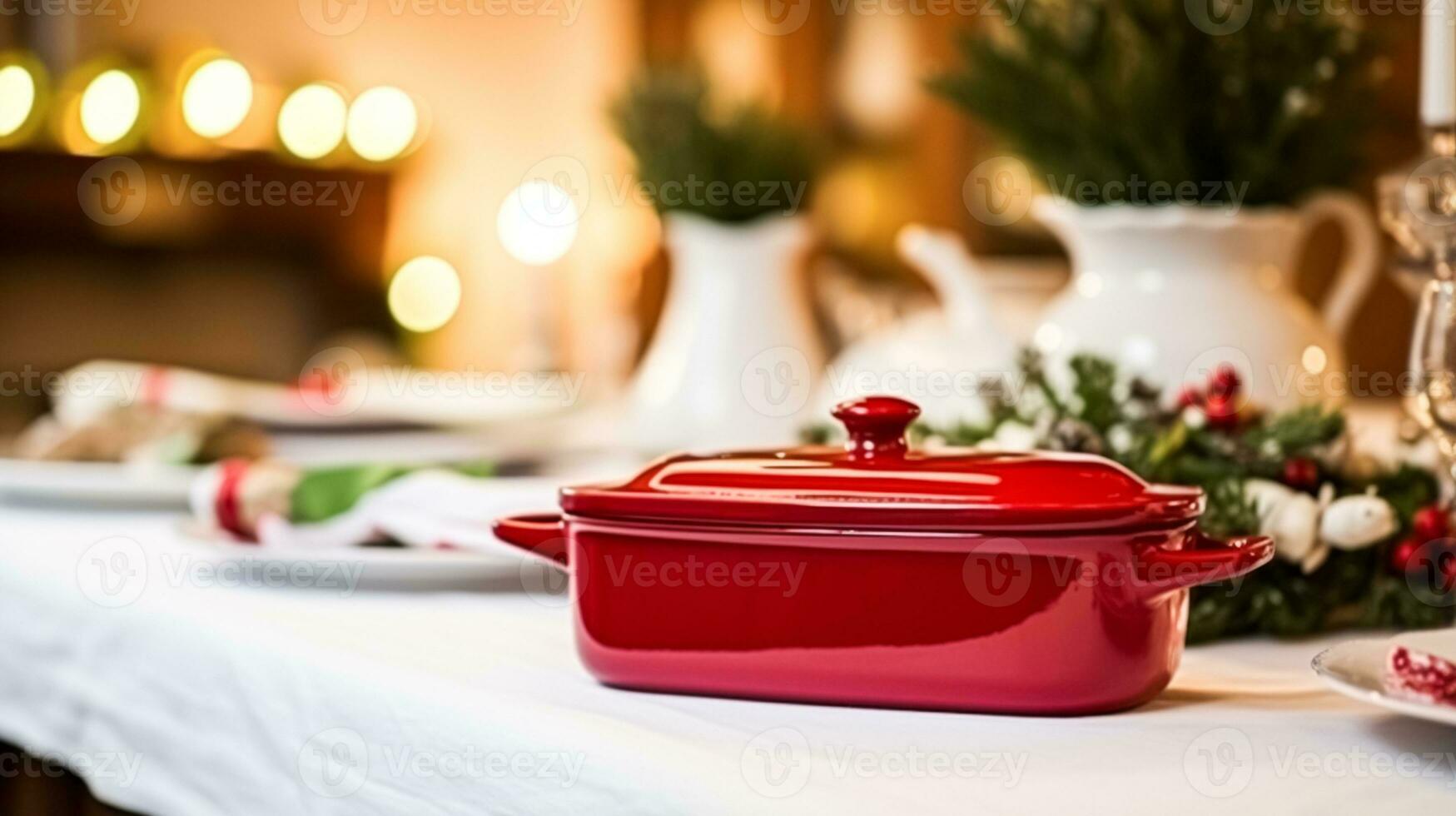 AI generated Dishware and crockery set for winter holiday family dinner, Christmas homeware decor for holidays in the English country house, gift set and home styling photo