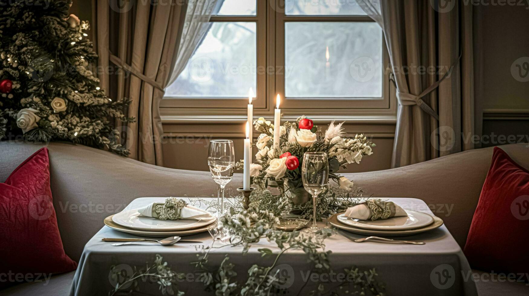 ai generado festivo fecha noche paisaje de mesa idea, cena mesa ajuste para dos y Navidad, nuevo año, san valentin día decoración, Inglés país hogar peinado foto