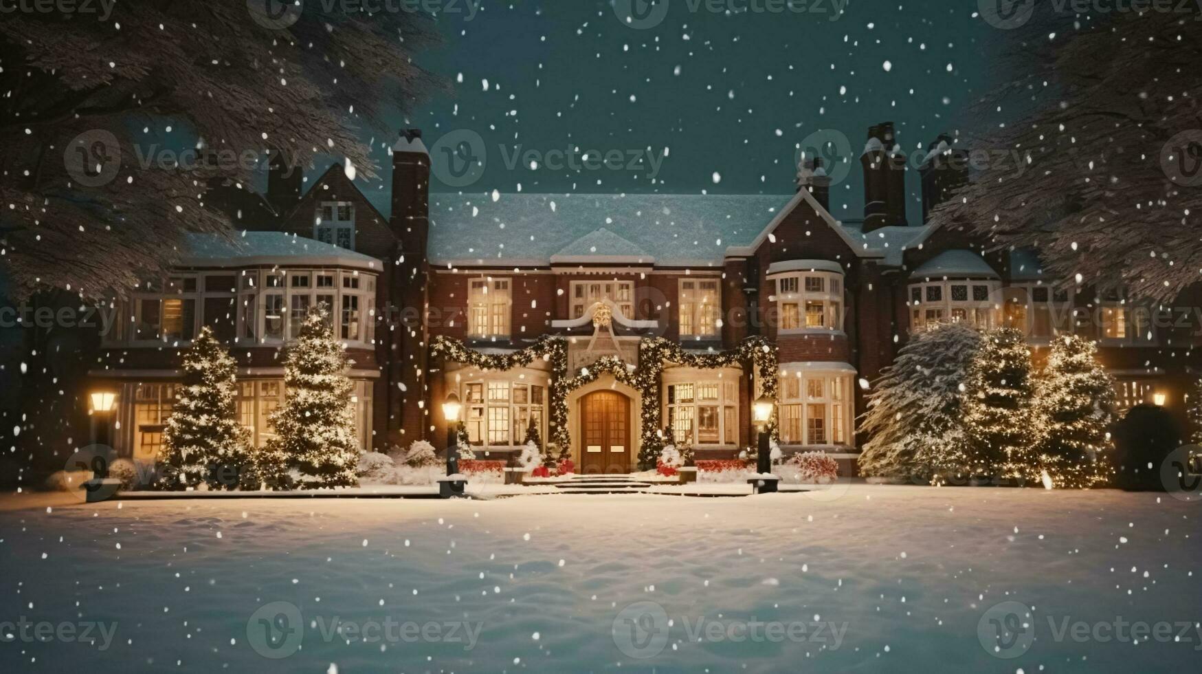 ai generado Navidad en el campo señorío, Inglés país casa mansión decorado para Días festivos en un Nevado invierno noche con nieve y fiesta luces, alegre Navidad y contento Días festivos foto