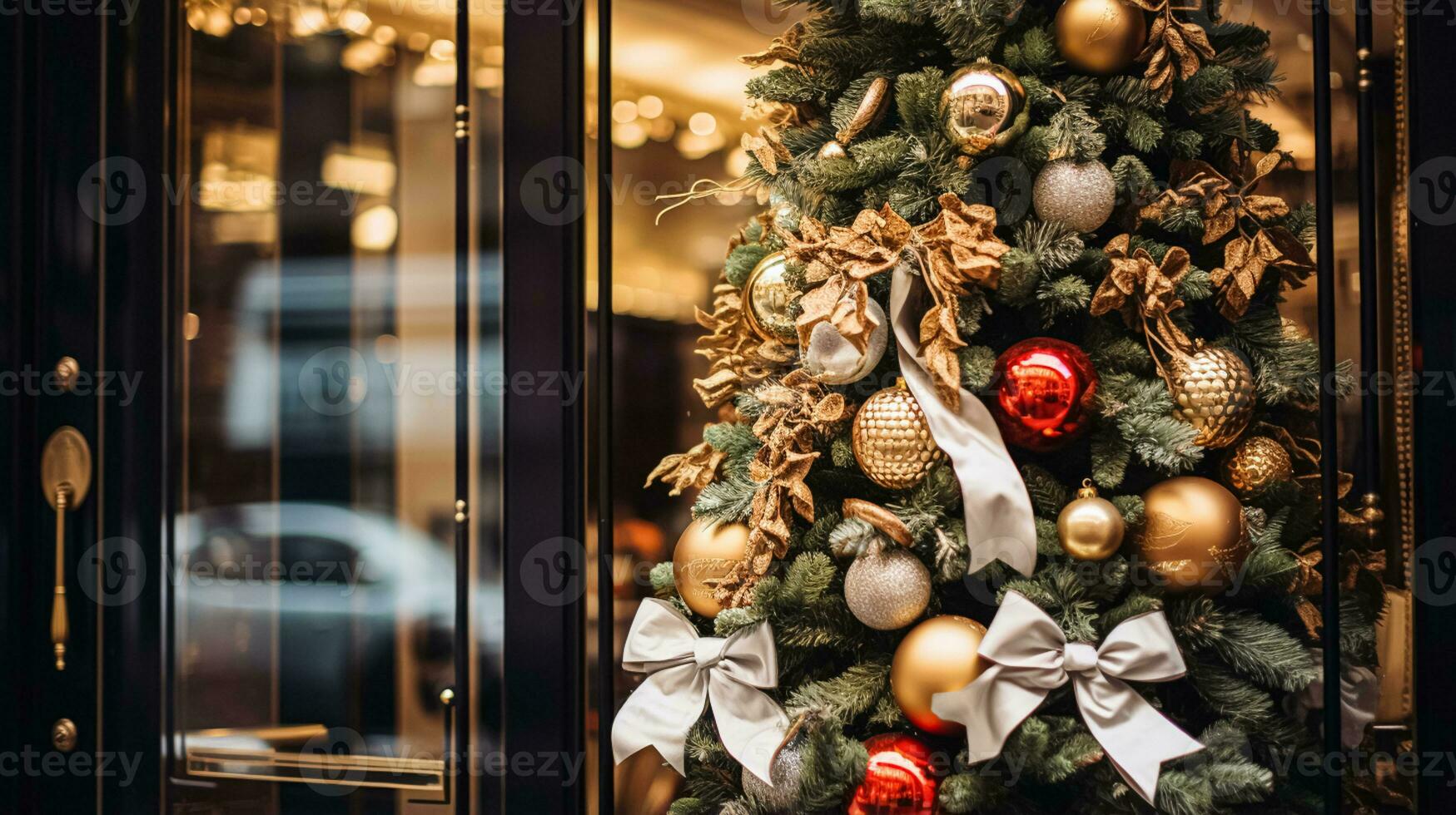 AI generated Christmas decoration details on English styled luxury high street city store door or shopping window display, holiday sale and shop decor photo