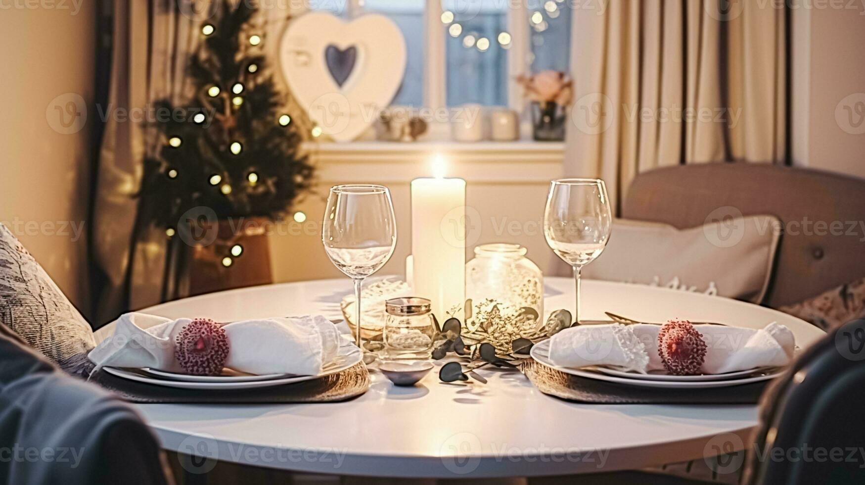 AI generated Festive date night tablescape idea, dinner table setting for two and Christmas, New Year, Valentines day decor, English country home styling photo