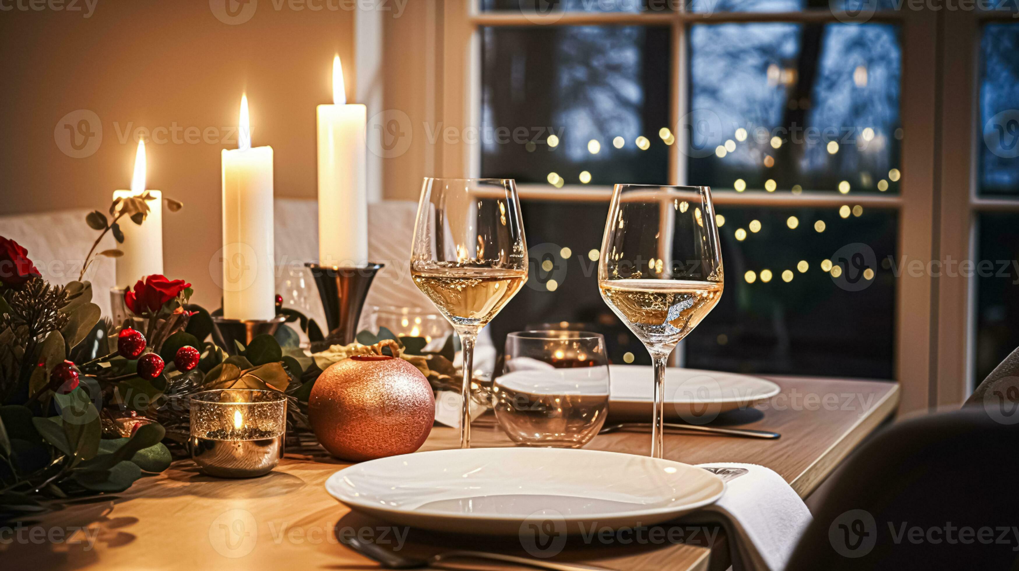 AI generated Festive date night tablescape idea, dinner table setting