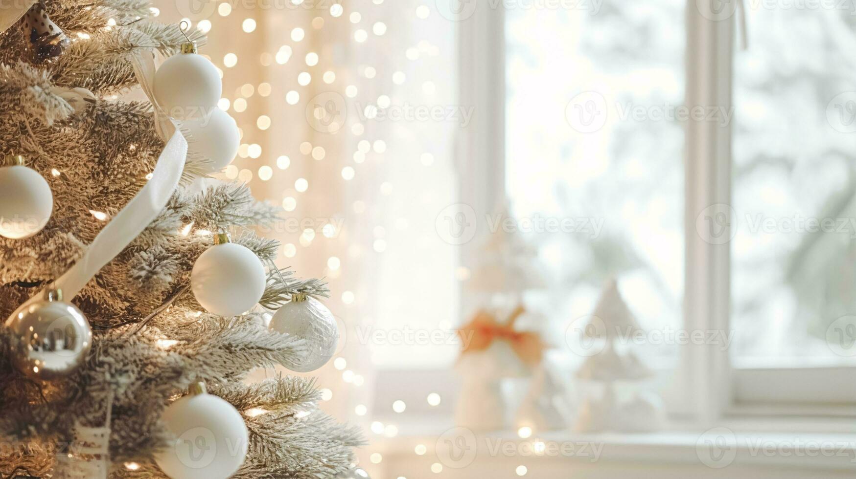 AI generated White Christmas tree decoration for the English country cottage, home decor, house in the countryside and holiday celebration photo