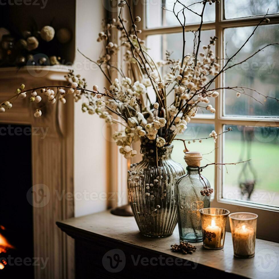 AI generated Floral arrangement with winter, autumn or early spring botanical plants and flowers photo