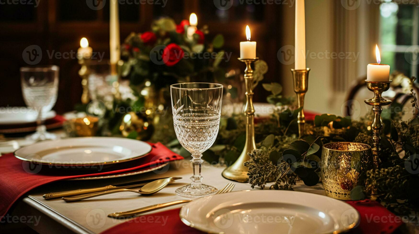 AI generated Holiday dinner at home, table decor photo