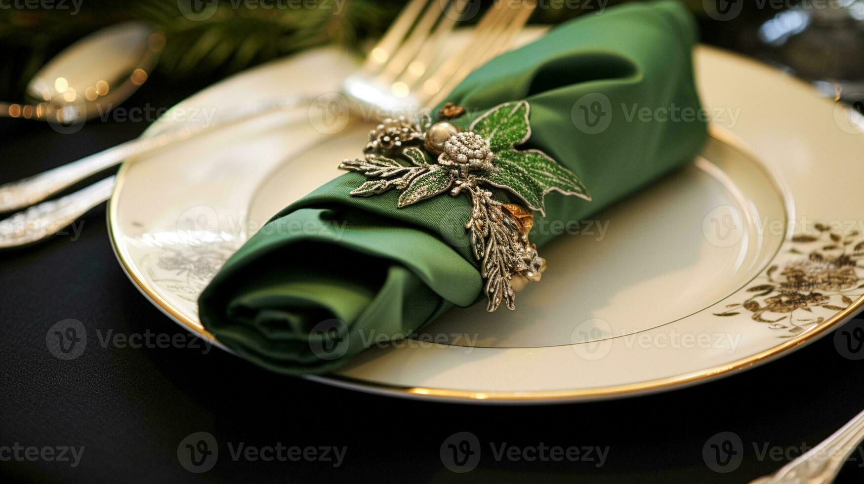 AI generated Christmas table decor, holiday tablescape and dinner table setting, formal event decoration for New Year, family celebration, English country and home styling photo